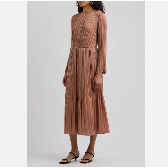 Vince Pleated Satin Long-Sleeve Midi Dress - Picture 3 of 11